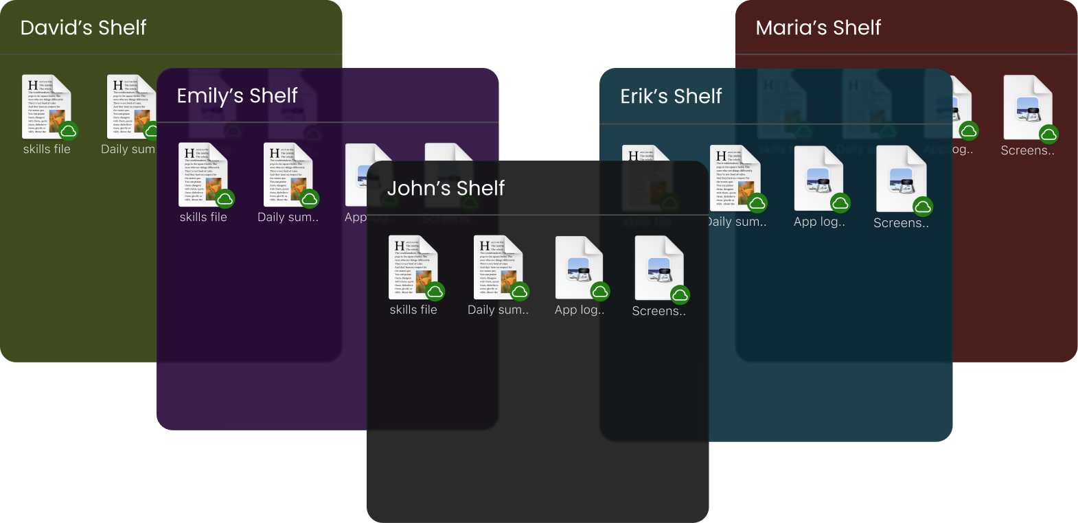 Multiple team-member shelves stacked together in the Dock